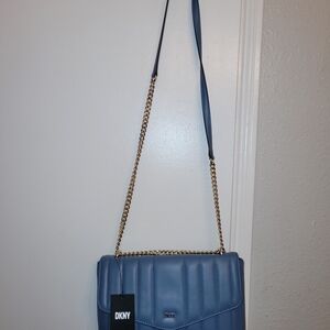 DKNY Light Blue Quilted Shoulder Bag with Gold Chain